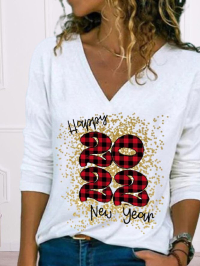 2022 Happy New Year Long Sleeve V Neck Printed Tops T-shirts