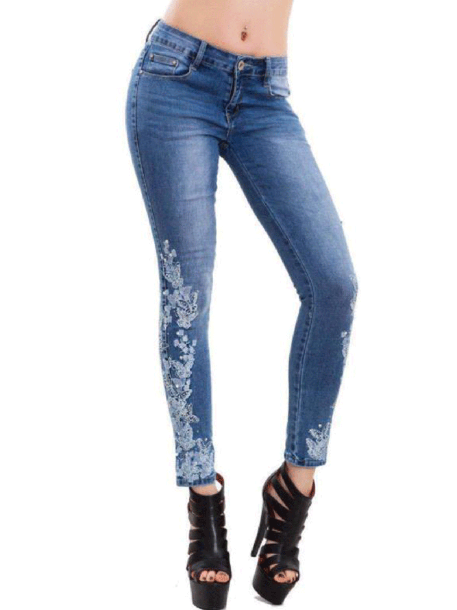 High elastic embroidered slim blue denim women's Jeans