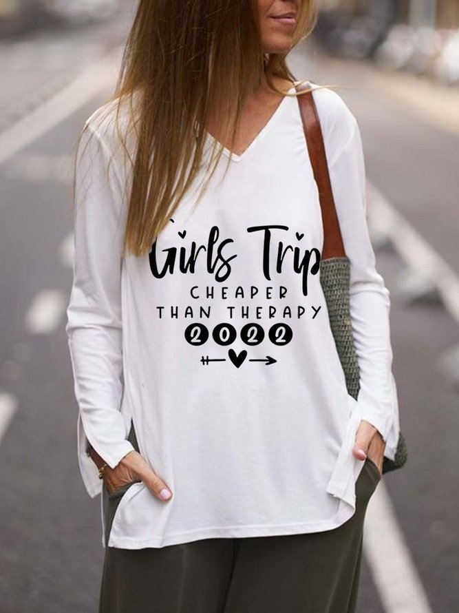 Girls Ttip Cheaper Than Therapy 2022 Printed Casual V Neck Slit Loosen Tops