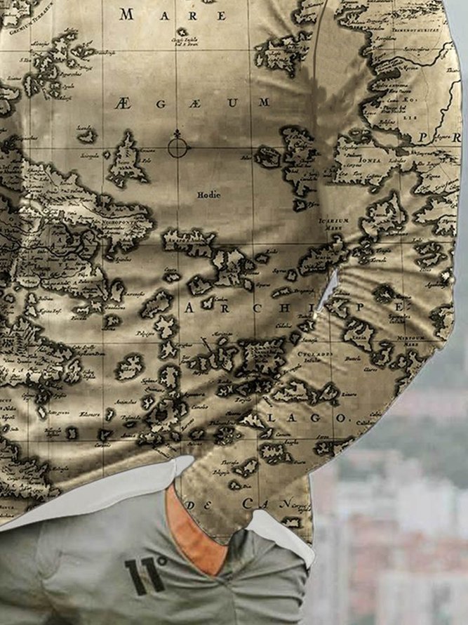 Men's map pattern casual long-sleeved Tee
