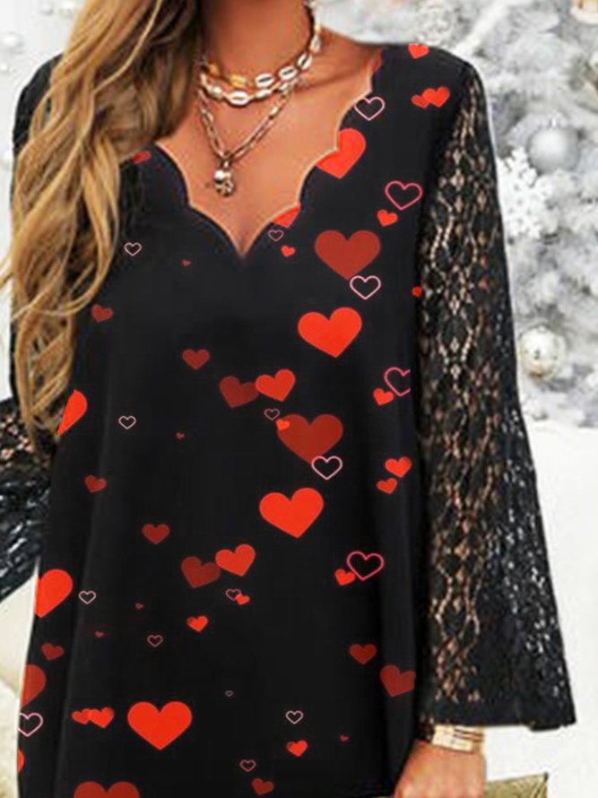 Love Printed Lace V Neck Casual Loosen Dresses