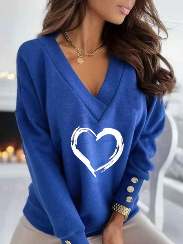 Plus Size V neck Casual Heart Long Sleeve Sweatershirt