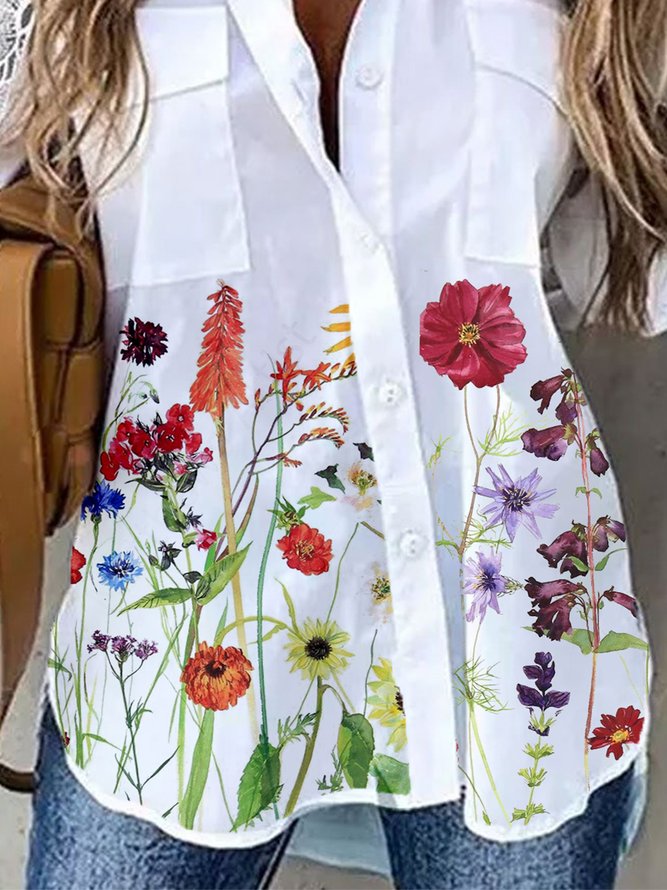 Lace Long Sleeves Floral Printed Pockets Casual Shirt Tops