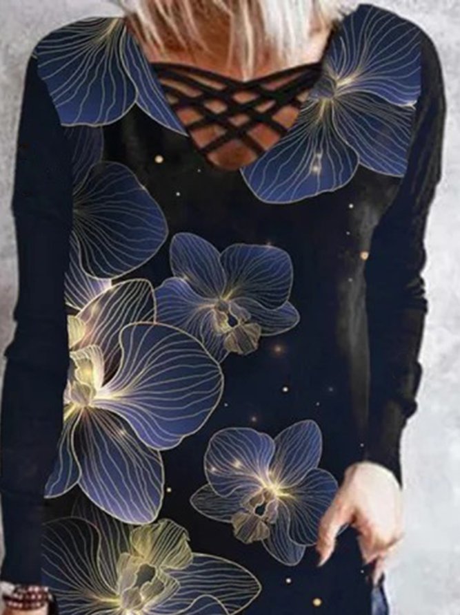 Casual Floral Printed V Neck Long Sleeve Loosen Long sleeve tops
