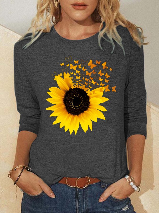 Butterfly Sunflower Women's Casual Crew Neck H-Line Long Sleeve Shirt