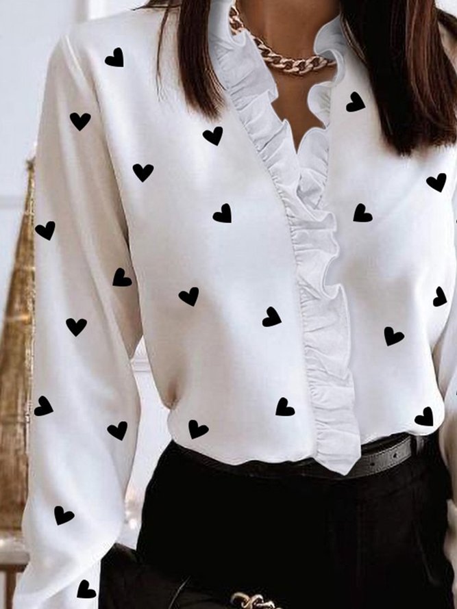Hearts Printed V Neck Long Sleeve Loosen Shirt & Top