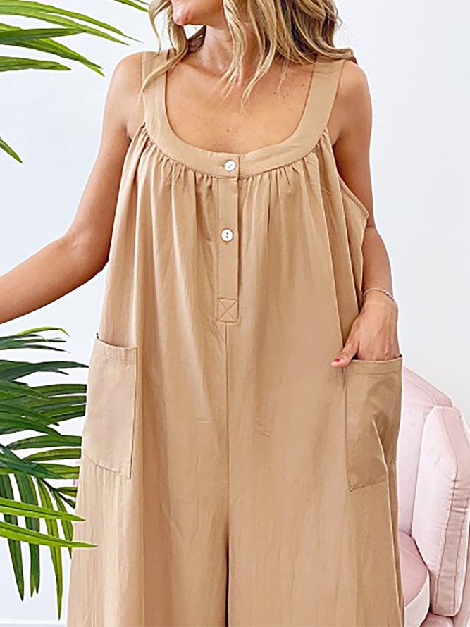 Casual Cotton Blends Solid Overall One-Pieces With Pockets
