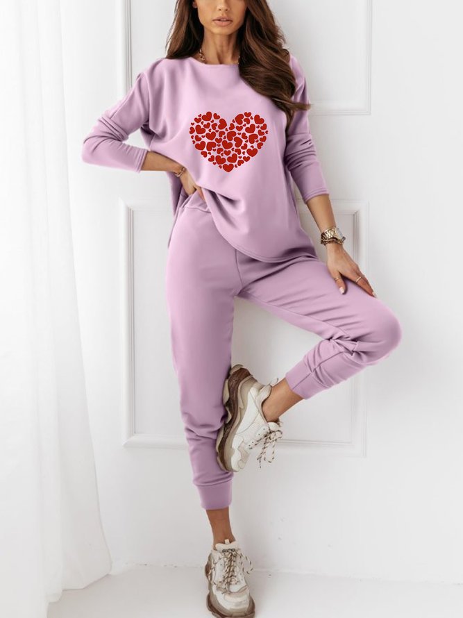 Casual Long Sleeve Round Neck Plus Size Printed Tops With Pants