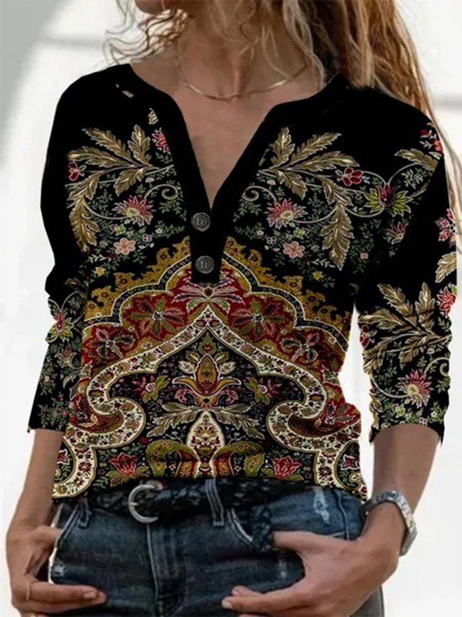 Paisley Printed Long Sleeve Polo Plus Size Casual Tops