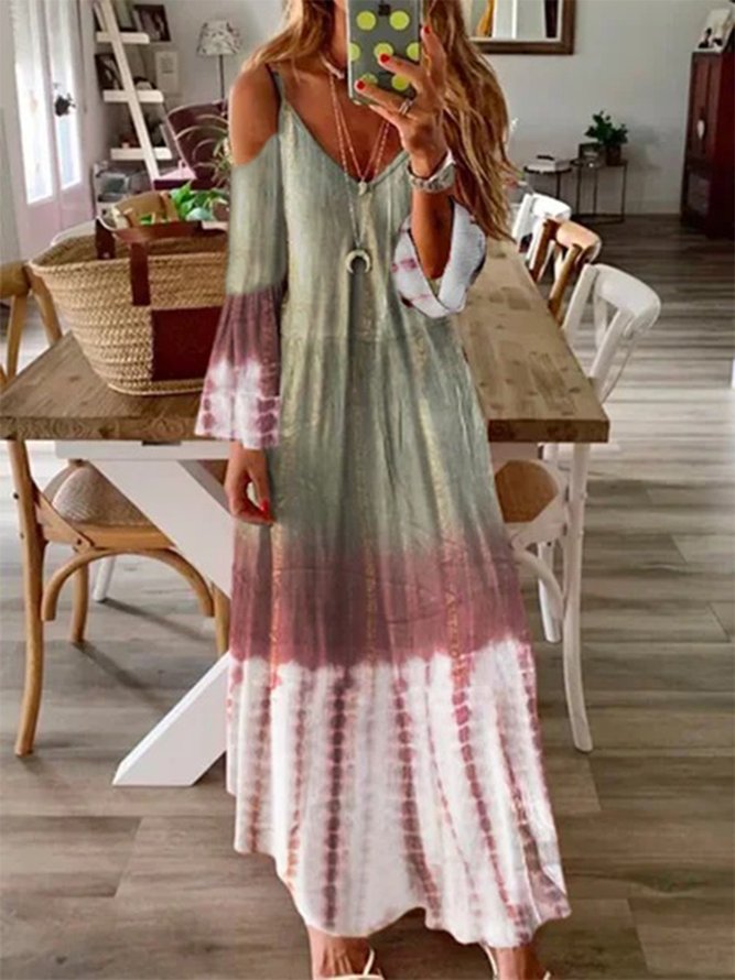 Ombre Long Sleeve Lace V Neck Casual Dresses