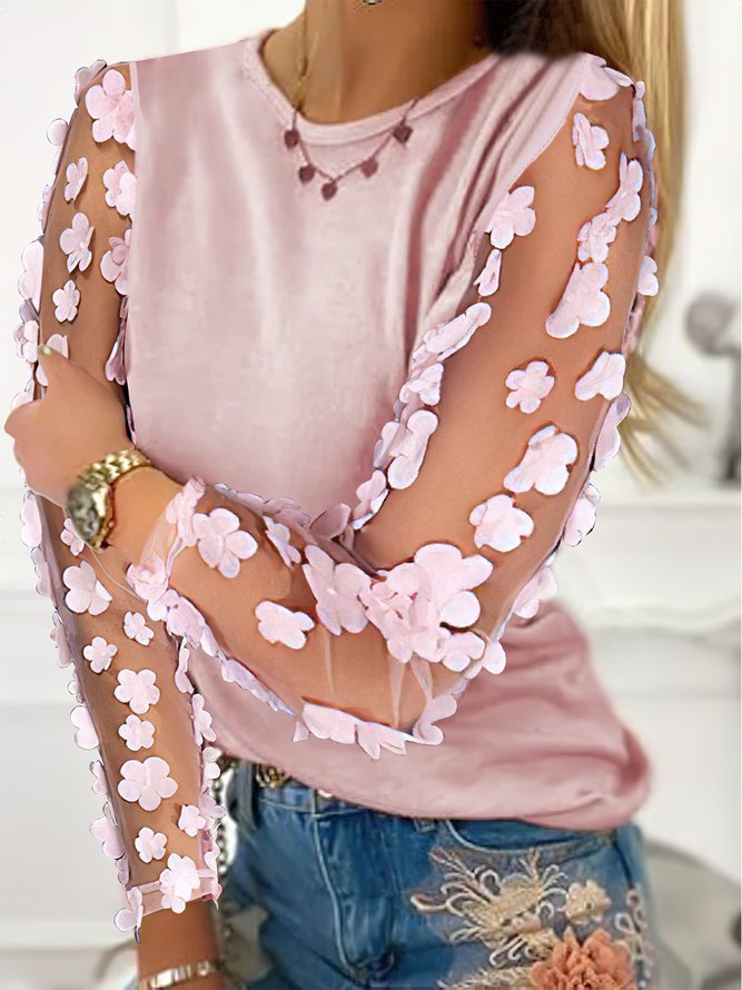 Plain Guipure Mesh Long Sleeves Crew Neck Casual Top