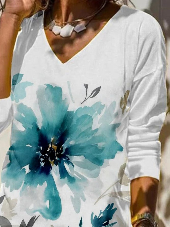 Floral V Neck Casual Long Sleeve Shirt & Top