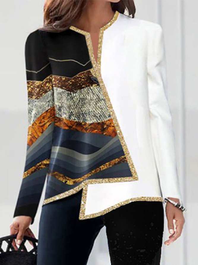 Abstract Long Sleeve Sequins Notched Casual Top
