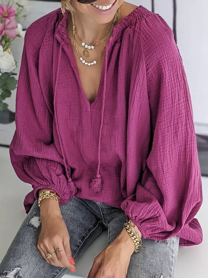 Plain Casual Notched Long sleeve tops