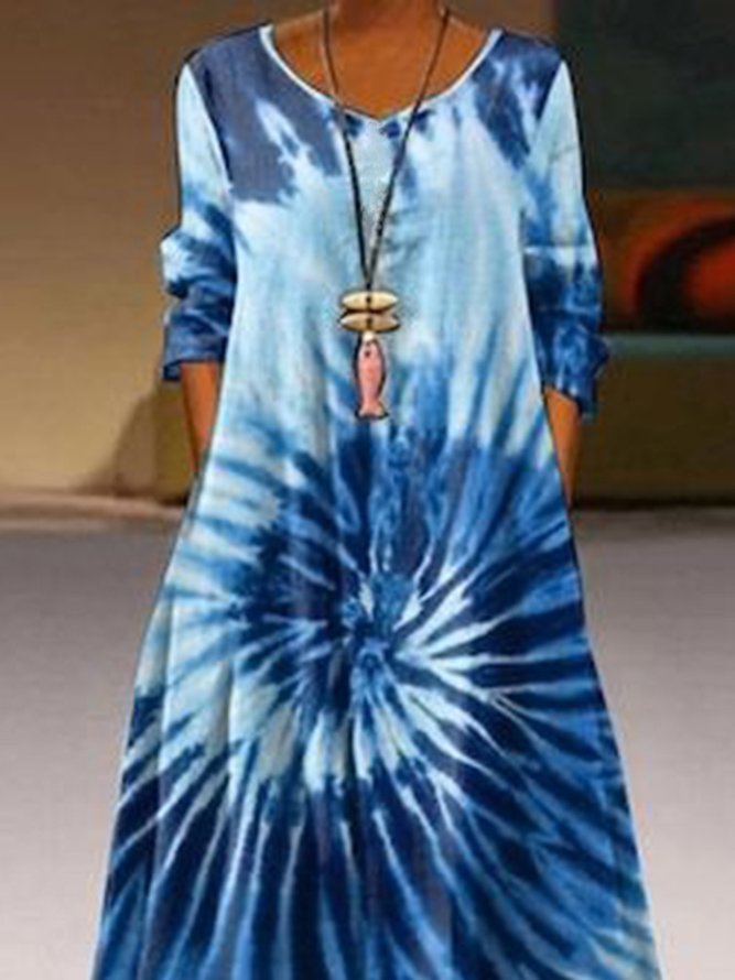 Casual Tie Dye Round Neck Long Sleeve A-line Loosen Dresses
