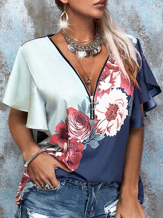 V Neck Frill Sleeve Floral Loosen Zipper Shirts & Tops