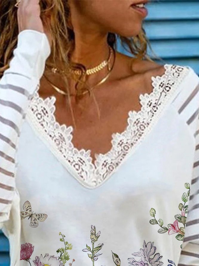 Floral Lace Long Sleeves V Neck  Plus Size Casual Tops