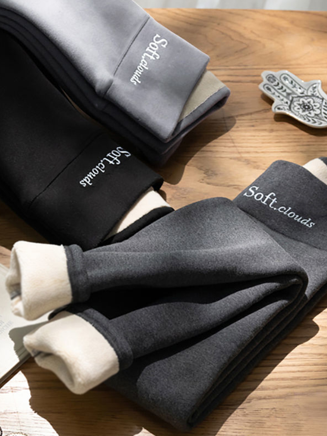 Plus Velvet Embroidery Letter Winter Basics Skinny Solid Mid Waist Leggings With Elastic Band