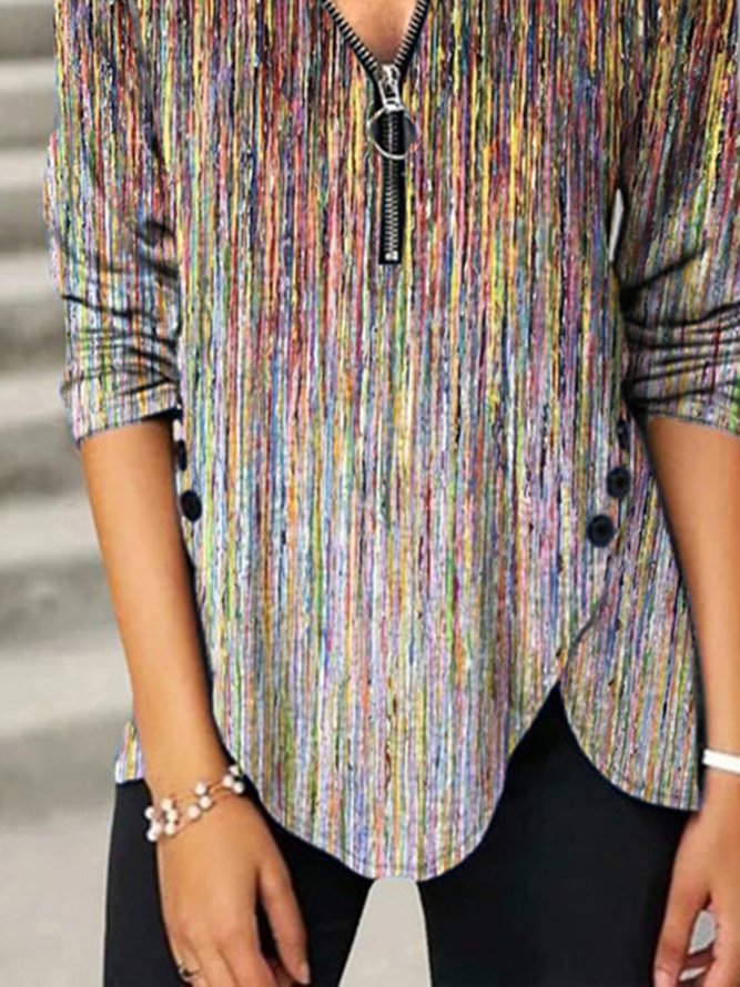 Abstract Printed Casual Zipper Round Neck Long Sleeve Shirt & Top