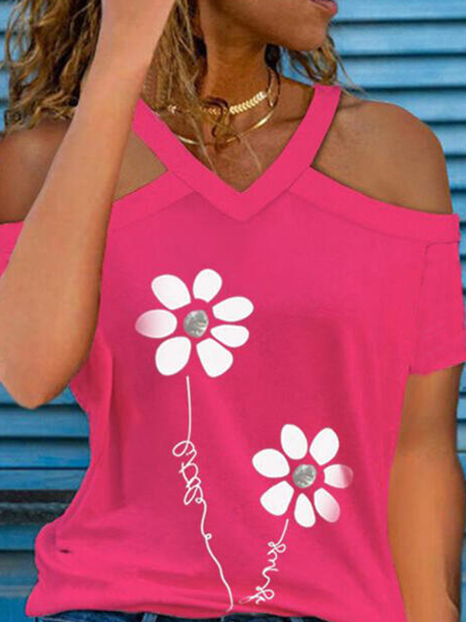 Floral Printed Loosen Casual Cotton Blends V Neck Short Sleeve T-shirt