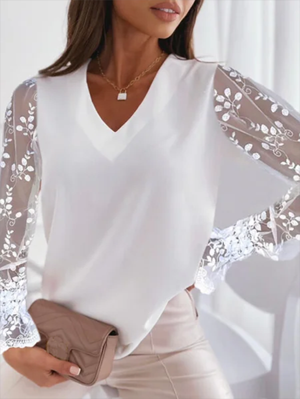 Solid Long Sleeve Paneled Lace V Neck Shirts & Tops