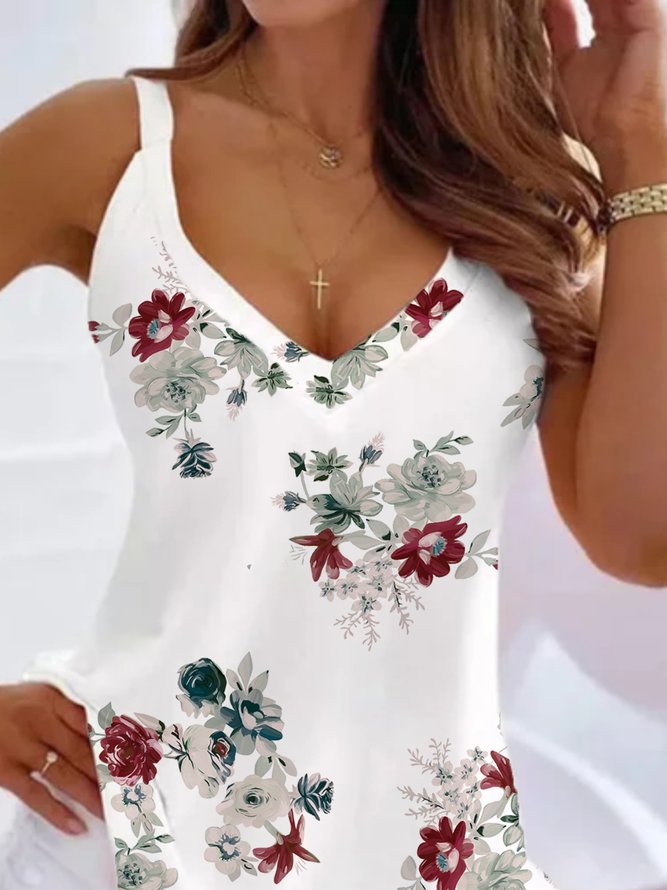 Casual Sleeveless V Neck Floral Printed Knit Tank