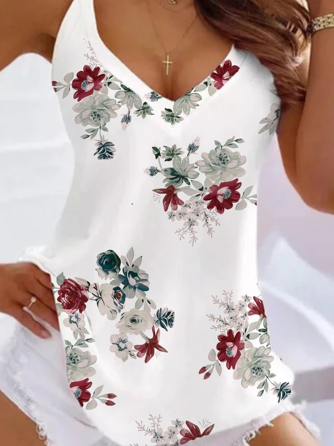 Casual Sleeveless V Neck Floral Printed Knit Tank