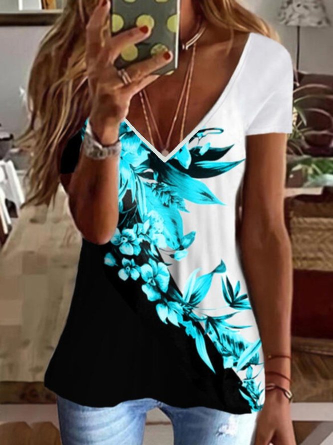 Casual Floral Short Sleeve V Neck Printed Tops T-shirts