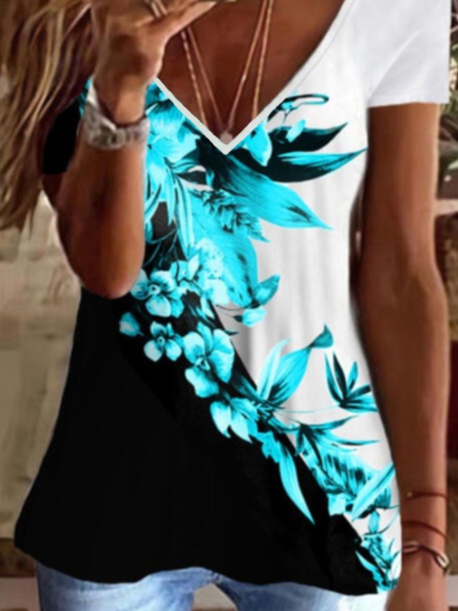 Casual Floral Short Sleeve V Neck Printed Tops T-shirts