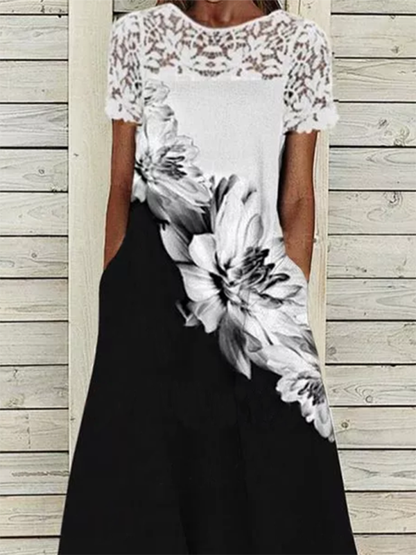 Floral Casual Crew Neck Short Sleeve Woven Dress