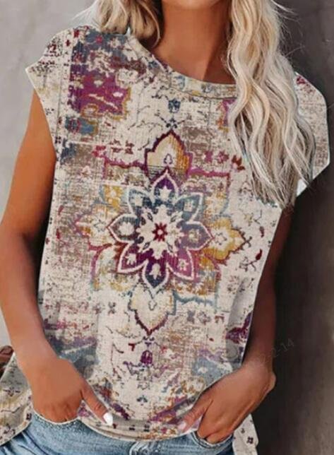 Tribal Casual Cotton Blends Short Sleeve Top