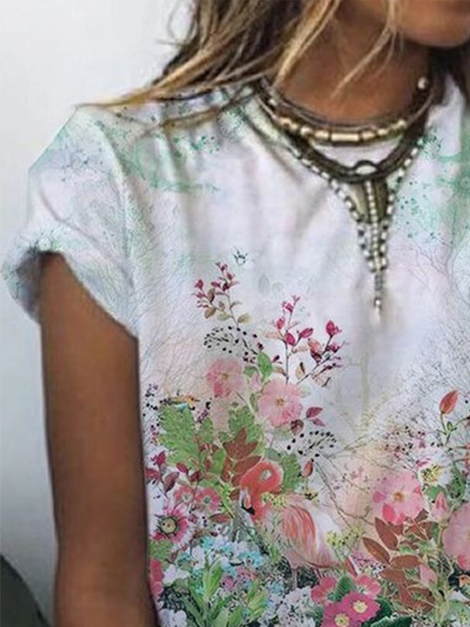 Floral Short Sleeves Crew Neck Casual Top