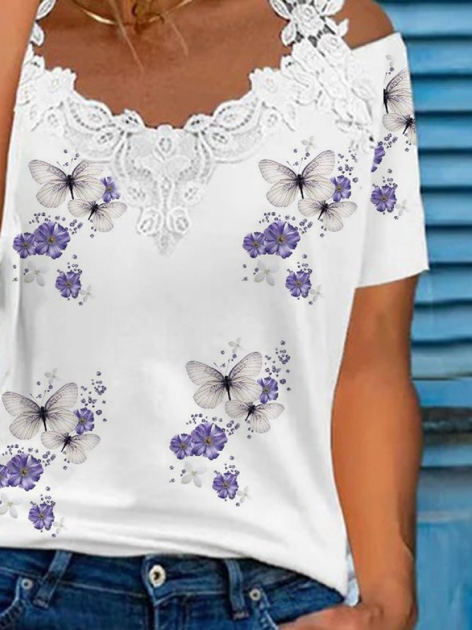 Casual Lace V neck Butterfly Short Sleeve T-Shirt