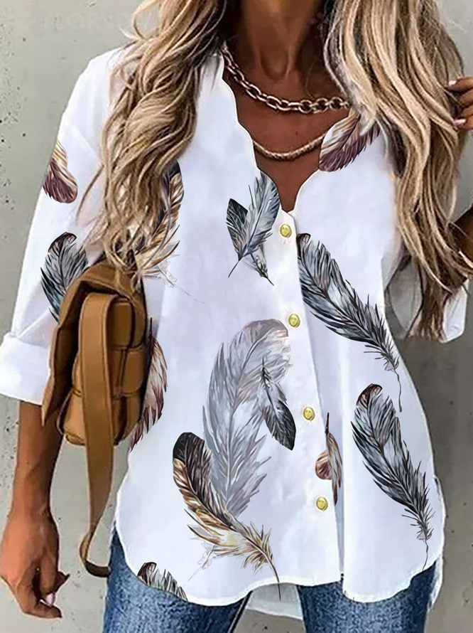 Casual Feather V Neck Long Sleeve Blouse