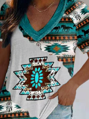 Tribal V Neck Boho Short Sleeve T-Shirt