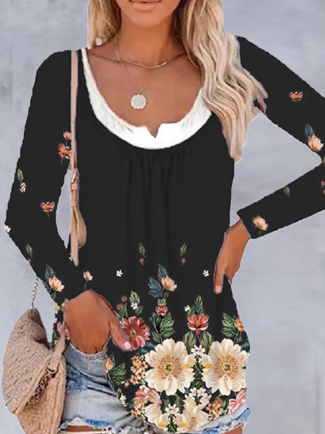 Floral Printed Romantic Ruched Loosen Tunic Long Sleeve T-shirt