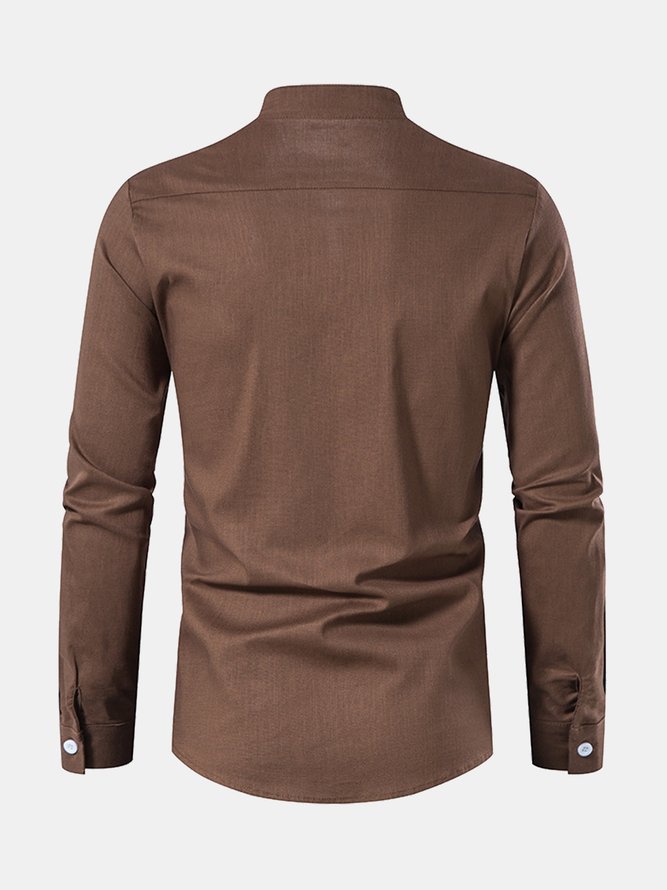 Men's Cotton Linen Style Stand Collar Half Placket Cord Tie Long Sleeve Shirt