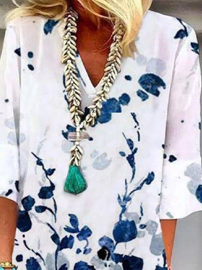 Casual V neck Loosen Floral Three Quarter  Woven Dress