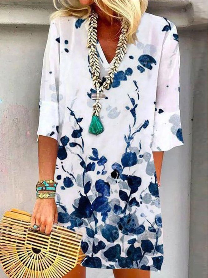 Casual V neck Loosen Floral Three Quarter  Woven Dress