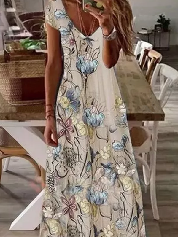 Mesh Floral Boho Short Sleeve Maxi Dress