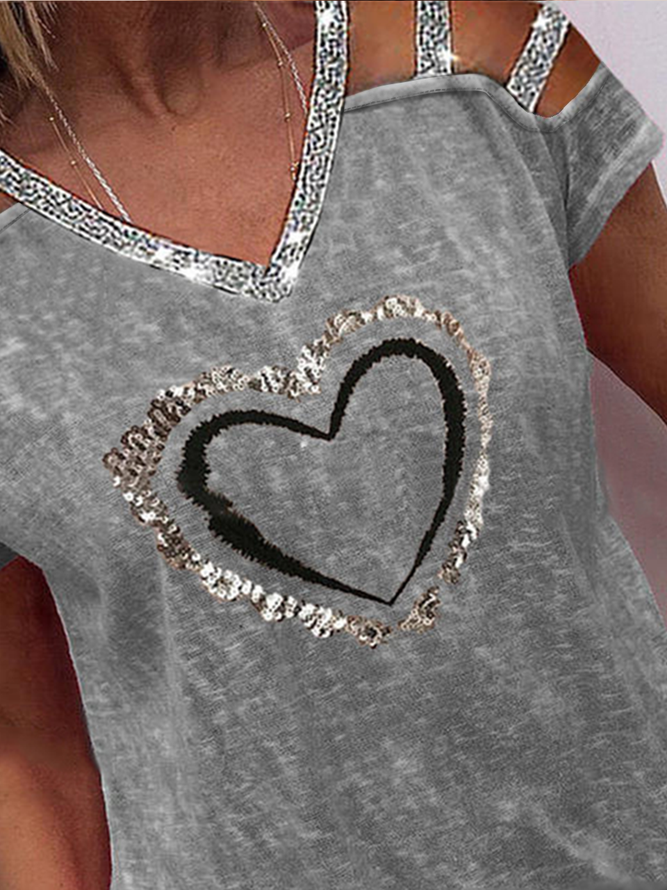 Patch diamond V-neck urban casual short gray short-sleeved T-shirt