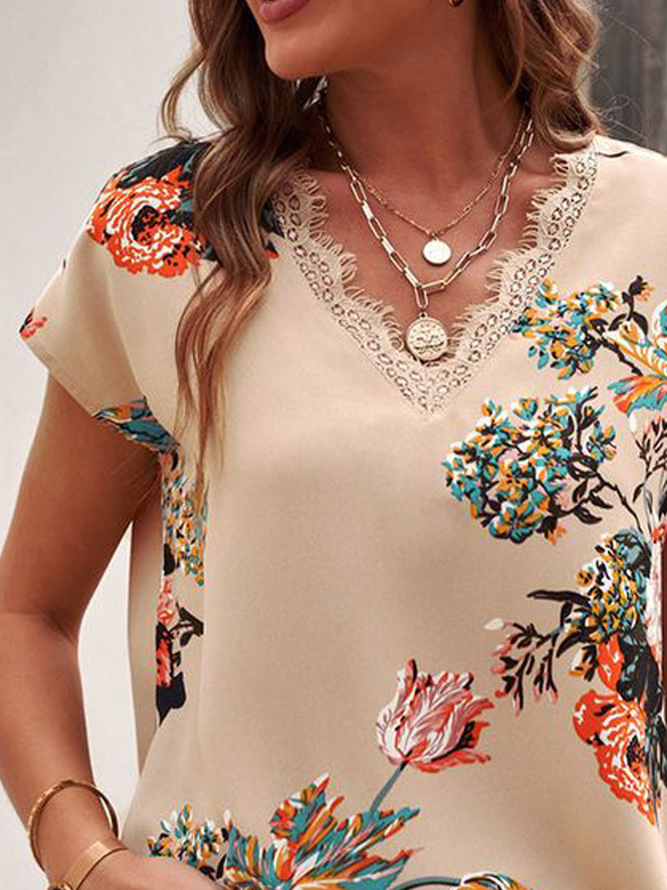Romantic Floral Casual Loosen Lace V Neck Short Sleeve T-Shirt