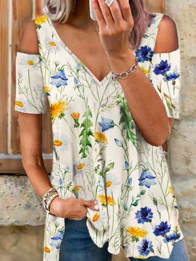 Romantic Floral Casual Loosen V Neck Hollow Out Tunic Short Sleeve T-Shirt
