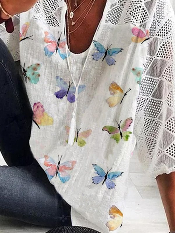 Lace Butterfly Casual Short Sleeve Top