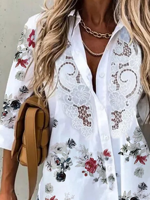 Floral Shirt Collar Lace Long Sleeve Casual Tops