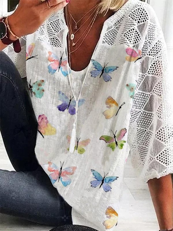 Lace Butterfly Casual Short Sleeve Top
