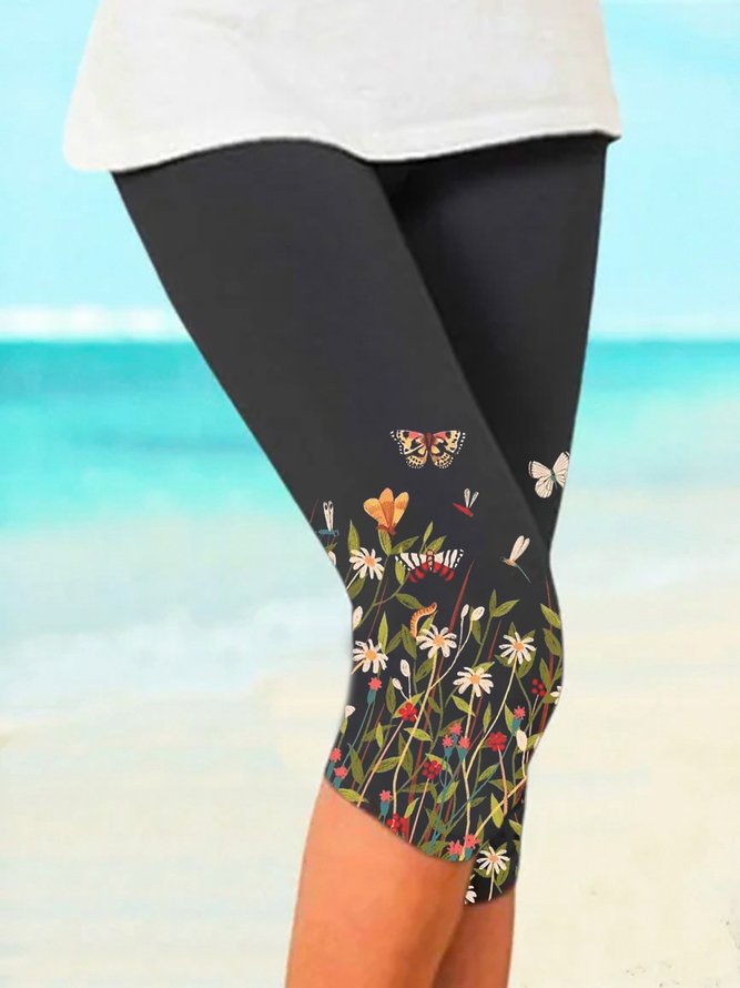 Floral Butterfly Cropped Elastic Waist Leggings