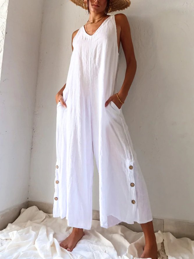 Casual V Neck Pockets Buttoned Cotton Solid Sleeveless Loosen Jumpsuit & Romper