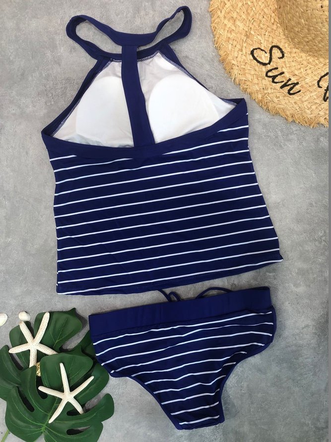 Conservative Striped Print Backless Tankini Split Swimsuit