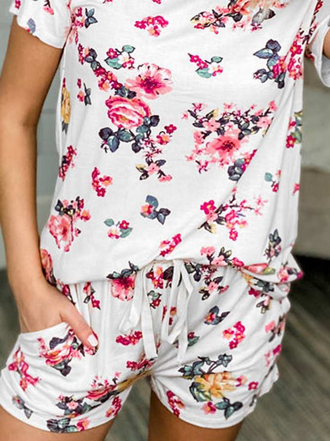 Casual Floral Loosen Pockets Crew Neck Two Piece Sets